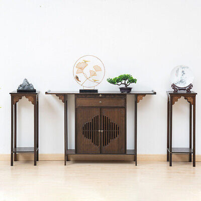 Bamboo Console Table Chinese Style Vintage Porch Table w/ Cabinet Hallway Table