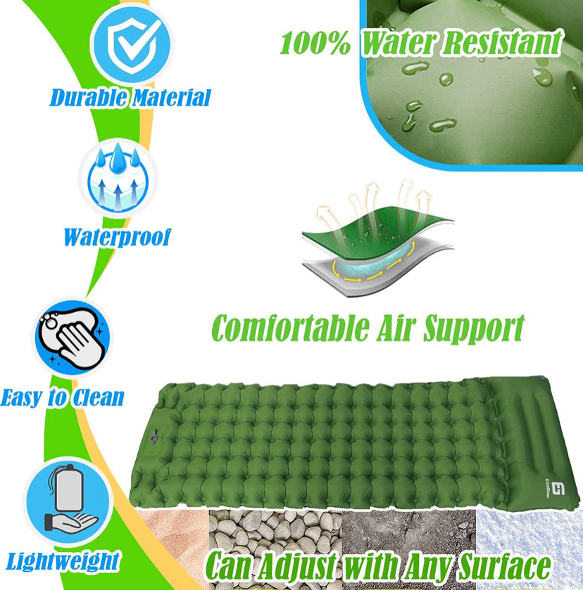Camping Self-Inflating Air Sleeping Pad Mat Foot Pump with Pillow, Great Compact Air Sleeping Pad for Tent Travel, Backpacking, Hiking, Sleeping Over (Green)