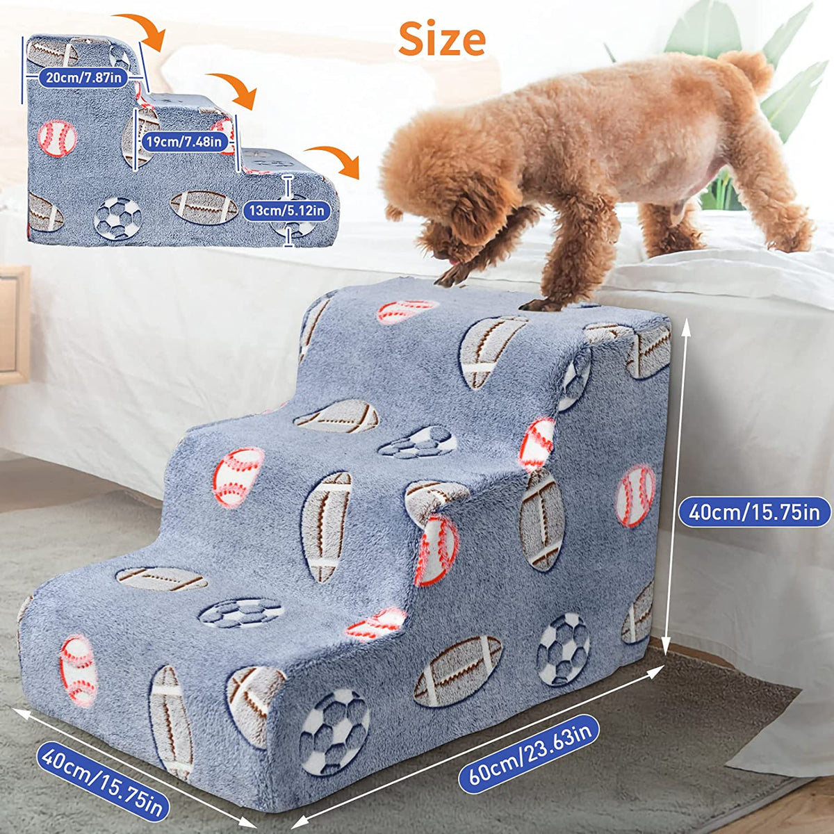 Extra-Wide Glow-in-the-Dark 3-Step Foam Pet Stairs – 60 × 40 × 40 cm