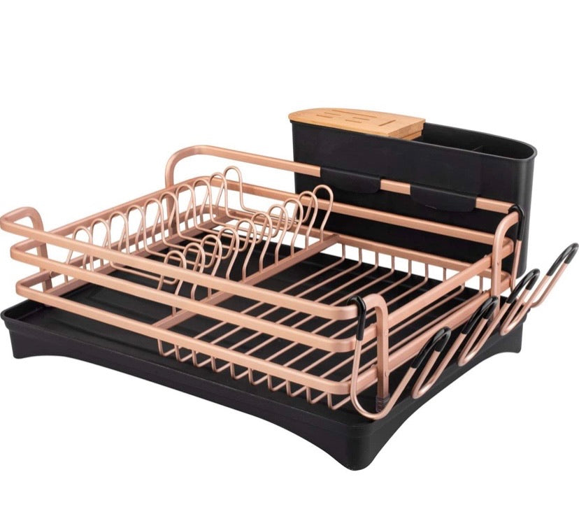 Aluminium Dish Drying Rack, Never Rust Dish Rack with Removable Cutlery Holder &Cup Holder (Rose Gold)