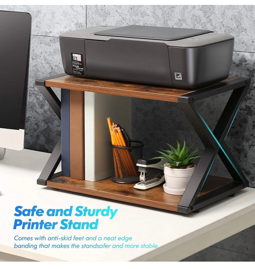 Desktop Printer Stand 2 Tiers Desk Organizer Storage Wood X-Shaped Book Shelf with Skid Pads for Home Office & School