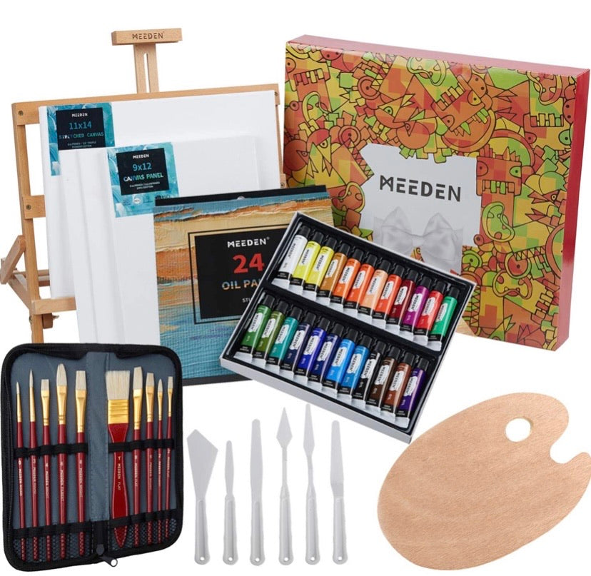 MEEDEN 46-Piece Oil Painting Set with Beech Wood Table Easel, 12MLX24 Oil Paint Tubes and All The Additional Supplies, Perfect for Beginning Artists, Students and Kids