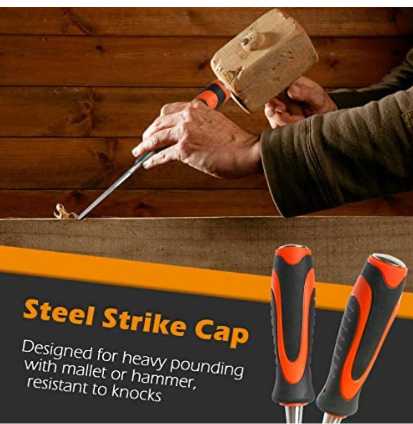 11 Pcs Wood Chisel Set with Case, Premium Wood Carving Tools for Woodworking with 6 Wood Chisels in Heated Tread Cr-V Alloy, 1 Honing Guide, 1 Sharpening Stone, 1 Rule & 2 Carpenter Pencils