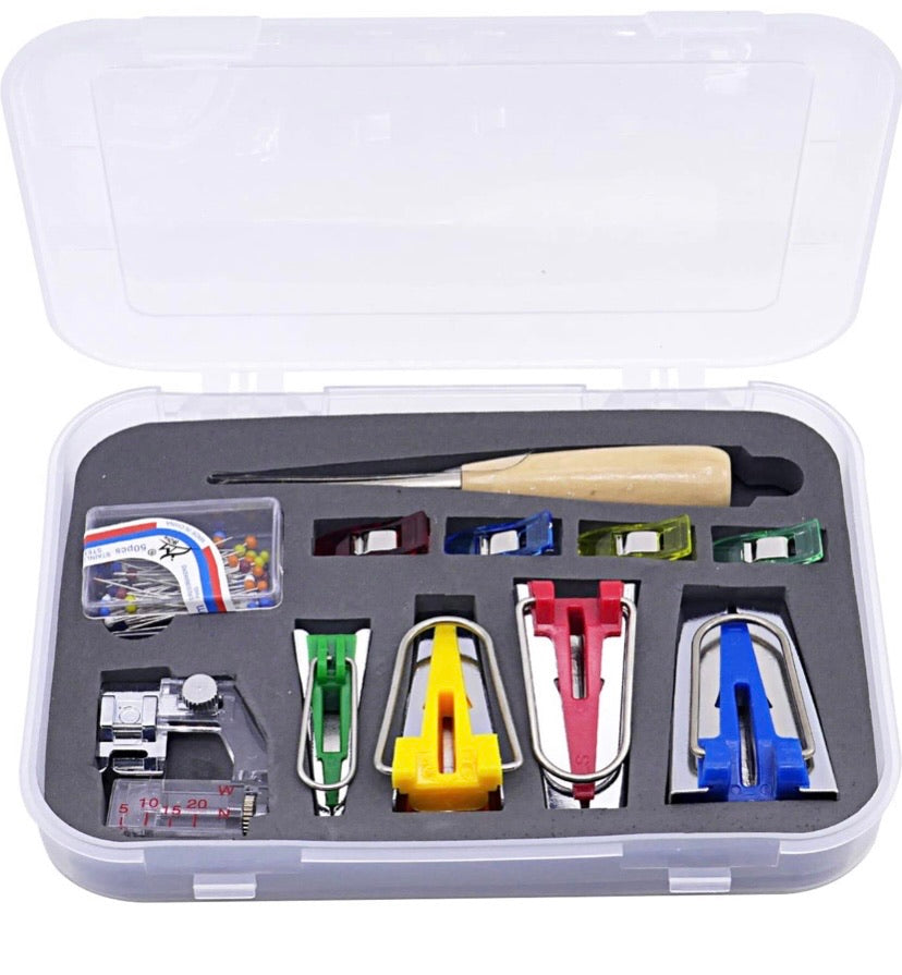 Fabric Bias Tape Maker Kit for Sewing Quilting Awl and Adjustable Binder Foot w/Case (Set of 16)