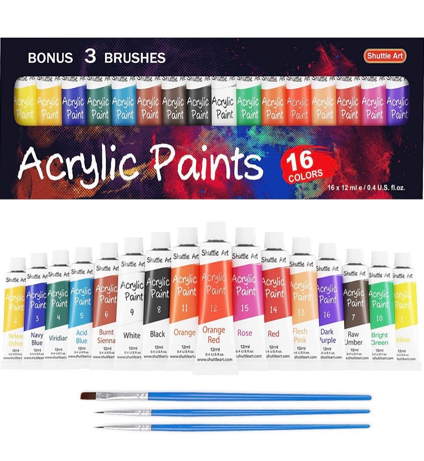 Acrylic Paint Set Shuttle Art 16 x 12ml Tubes Artist Quality Non Toxic Rich Pigments Colors Great for Kids Adults Professional Painting on Canvas Wood Clay Fabric Ceramic Crafts