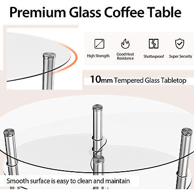 Oval Coffee Table 3-Tier Tempered Glass & Chrome Base Clear Living Room