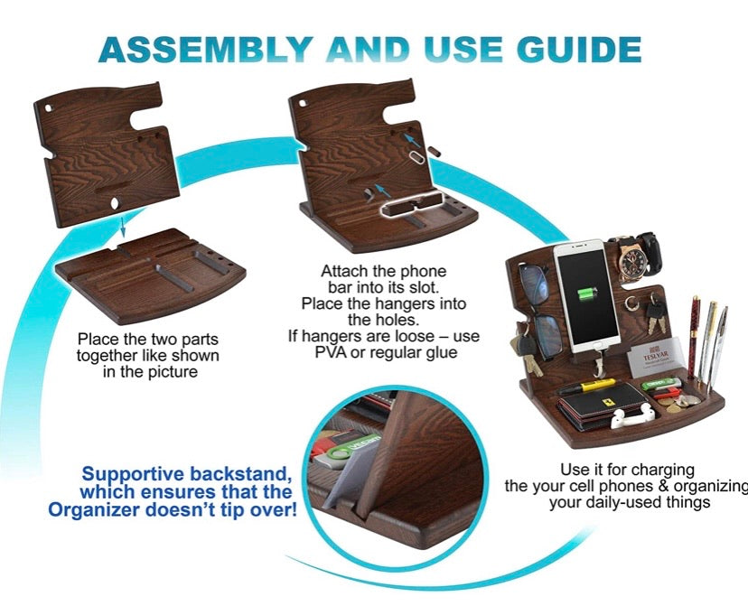 Wood Phone Docking Station Natural Ash Hooks Key Holder Wallet Watch Stand Watch Organizer Men Gift Husband Wife Anniversary Dad Birthday Nightstand Father Graduation Male Travel Idea Gadgets Solid