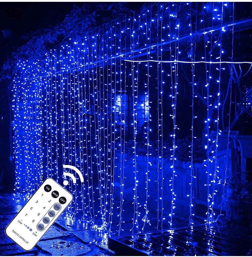 304 LED Curtain String Lights, 9.8 x 9.8 ft, 8 Modes Plug in Fairy String Light with Remote Control, Christmas, Backdrop for Indoor Outdoor Bedroom Window Wedding Party Decoration, Blue.