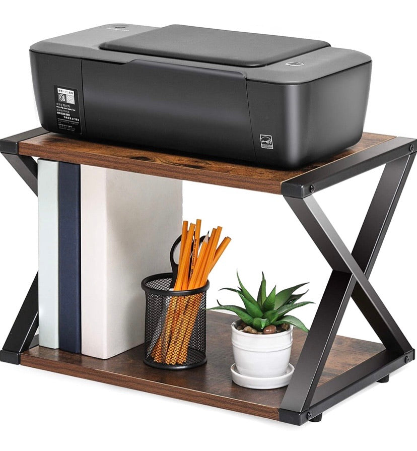 Desktop Printer Stand 2 Tiers Desk Organizer Storage Wood X-Shaped Book Shelf with Skid Pads for Home Office & School