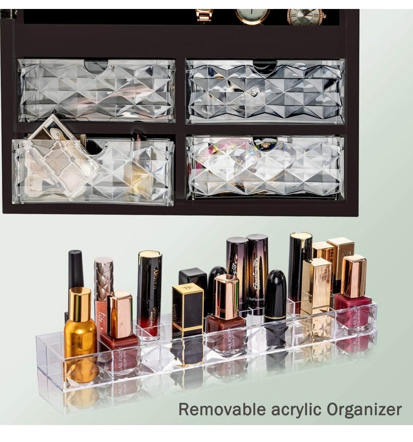 Luxfurni LED Light Jewelry Cabinet Wall-Mount/Door-Hanging Mirror Makeup Lockable Armoire, Large Storage Organizer w/Drawers