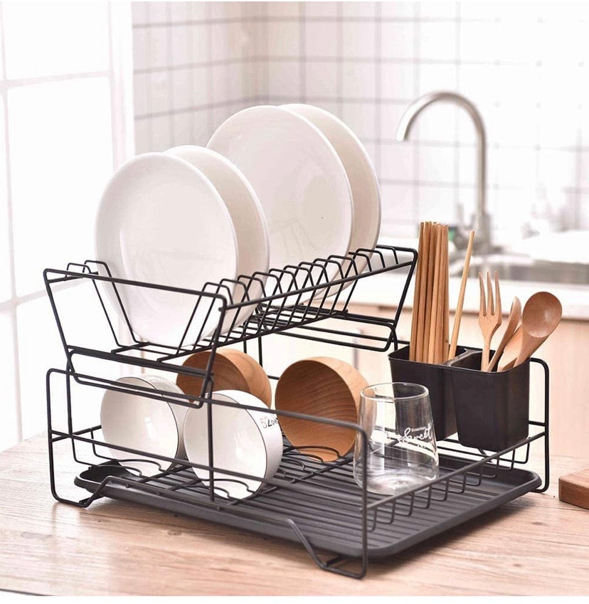 Dish Rack, Dish Drying Rack, 2 Tier Dish Rack with Utensil Holder, Cup Holder and Dish Drainer for Kitchen Counter Top (Black)