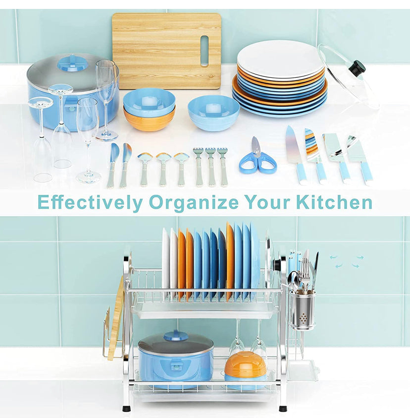 Dish Drying Rack, Haundry Stainless Steel 2-Tier Dish Rack with Utensil Holder, Cutting Board Holder and Dish Drainer for Kitchen Counter, Silver/ black