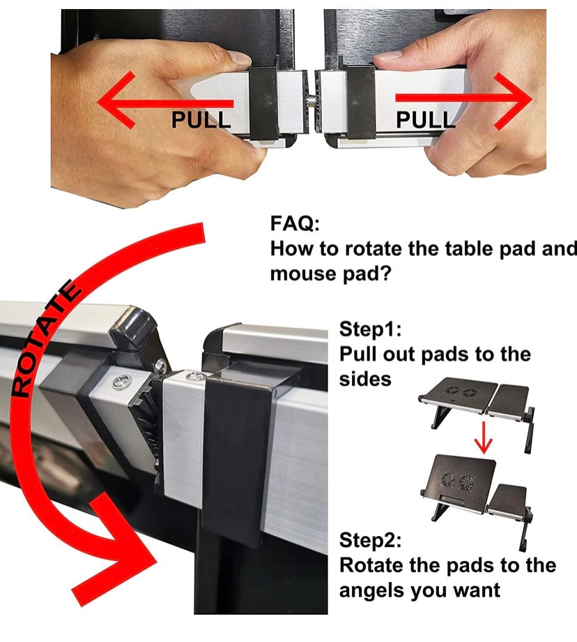 Laptop Desk/Stand/Table, Portable Folding Computer Table with CPU Cooling Fans and USB Cable, Adjustable Laptop Desk with Mouse Pad Side Mount, Bed/Sofa/Office Laptop Tray
