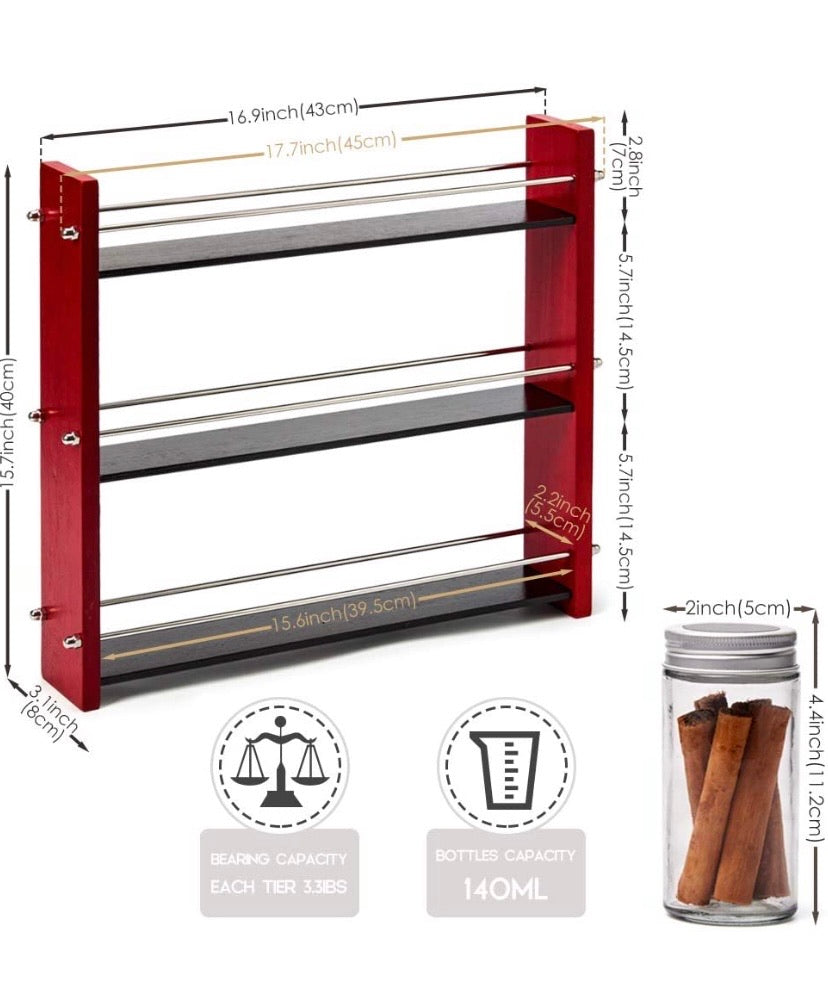 Wood Spice Rack with 21 Empty Jars and Labels, 3 Tier Freestanding Organizer Shelf Display Stand with Rails for Countertop, Cabinet, Kitchen, Pantry - Red and Black