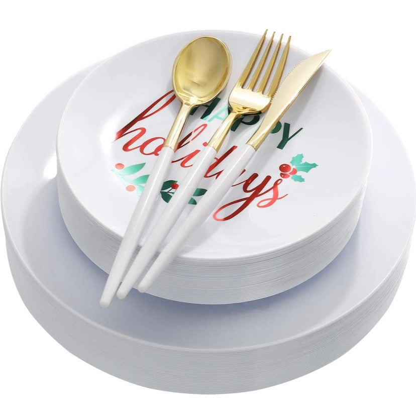 150pcs Plastic Party Dinnerware Set, Happy Holiday Plates,Plastic Plates with Christmas Design,Gold Cutlery with White handle,Supernal