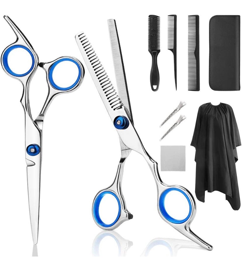 Professional Hair Cutting Scissors, YBLNTEK 9 PCS Barber Thinning Scissors Hairdressing Shears Stainless Steel Hair Cutting Shears Set with Cape Clips Comb for Barber Salon and Home