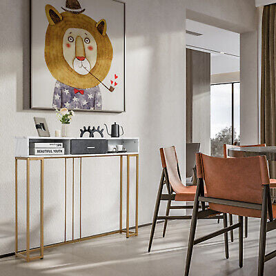 Console Table 2-Tier Sofa Side Hallway Table w/ Drawer & Faux Marble Top