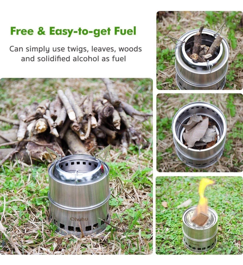 Camping Stove Backpacking Burner Stove - Potable Stainless Steel Wood Burning Stove Picnic BBQ Camping Cooker with Grill Grid