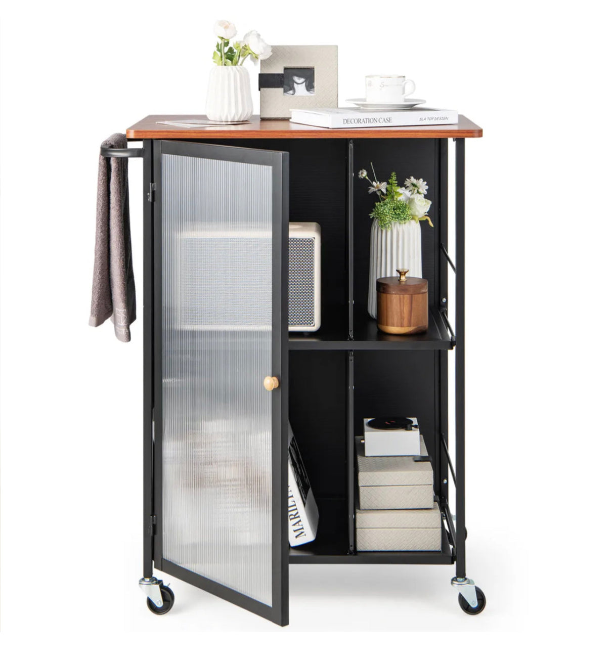 Kitchen Island on Wheels Utility Trolley Rolling Coffee Bar Cart Door & Shelves
