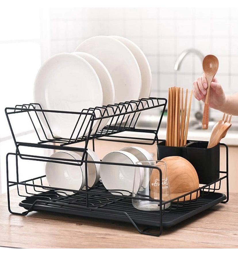 Dish Rack, Dish Drying Rack, 2 Tier Dish Rack with Utensil Holder, Cup Holder and Dish Drainer for Kitchen Counter Top (Black)