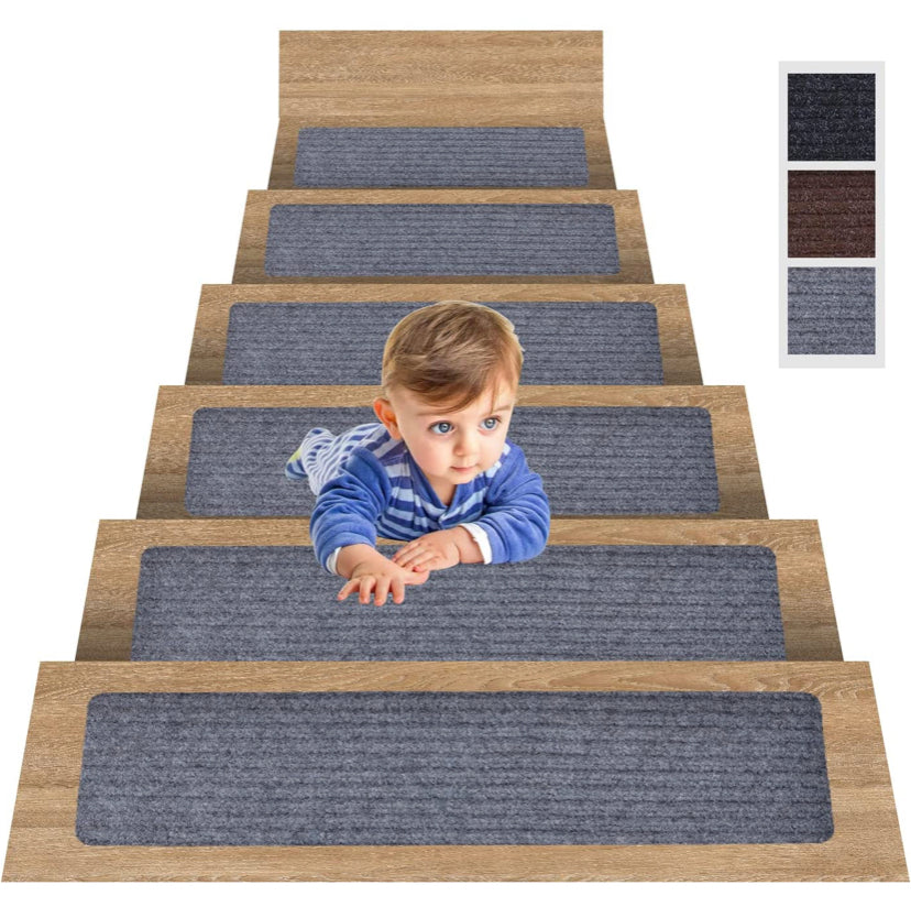 Non-Slip Carpet Stair Treads Non-Skid Safety Rug Slip Resistant Indoor Runner for Kids Elders and Pets with Reusable Adhesive, Brown, Gray, Black 8" X 30" (15 in Pack)