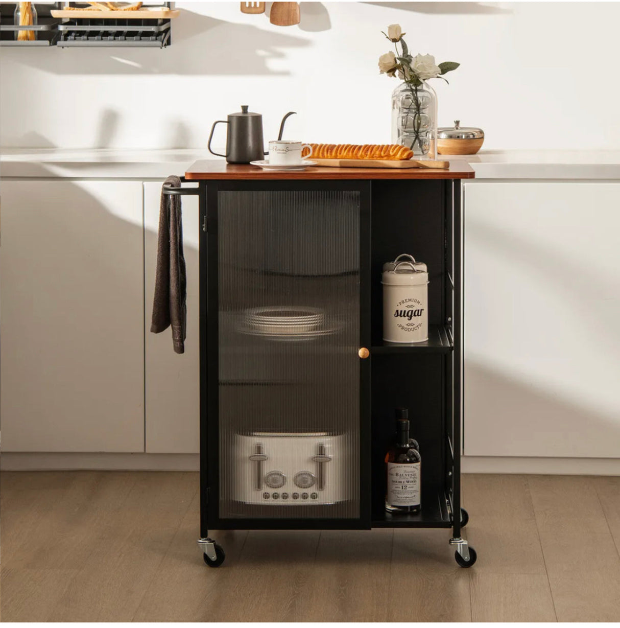 Kitchen Island on Wheels Utility Trolley Rolling Coffee Bar Cart Door & Shelves