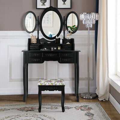 Dressing Table Set w/Makeup Desk & Stool Tri-Folding Vanity Mirror Drawers Black