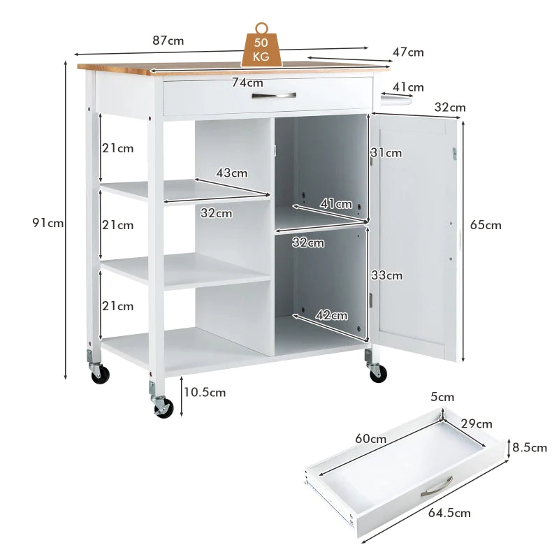 Kitchen Island Trolley Mobile Kitchen Storage Cabinet w/Rubber Wood Top & 3-Tier Open Shelf Serving Cart, White