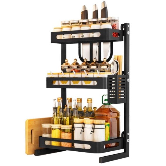Countertop Spice Rack Set, Stainless Steel Kitchen Cabinet Shelf Organizer, Easy Removable Storage Rack with Knife Holder, Cutting Board Holder and Cutlery Holder, Matte Black (3 Tier)