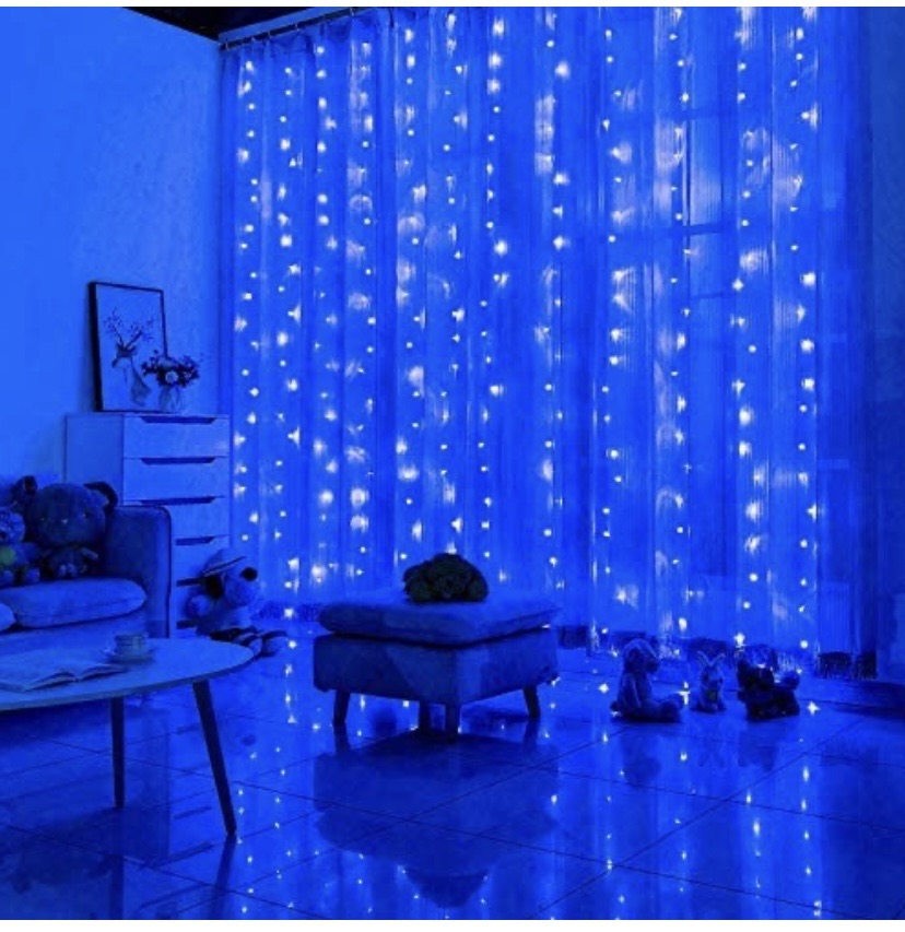 304 LED Curtain String Lights, 9.8 x 9.8 ft, 8 Modes Plug in Fairy String Light with Remote Control, Christmas, Backdrop for Indoor Outdoor Bedroom Window Wedding Party Decoration, Blue.