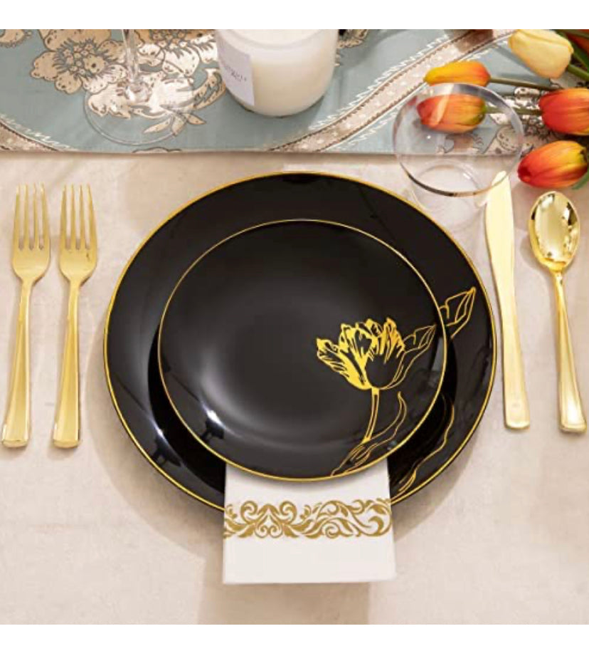 175PCS Black Plastic Plates & Gold Plastic Silverware