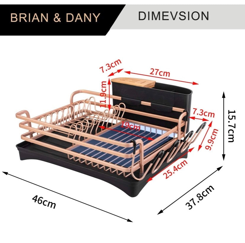 Aluminium Dish Drying Rack, Never Rust Dish Rack with Removable Cutlery Holder &Cup Holder (Rose Gold)