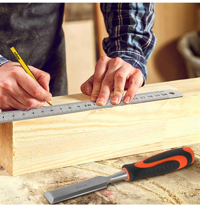 11 Pcs Wood Chisel Set with Case, Premium Wood Carving Tools for Woodworking with 6 Wood Chisels in Heated Tread Cr-V Alloy, 1 Honing Guide, 1 Sharpening Stone, 1 Rule & 2 Carpenter Pencils