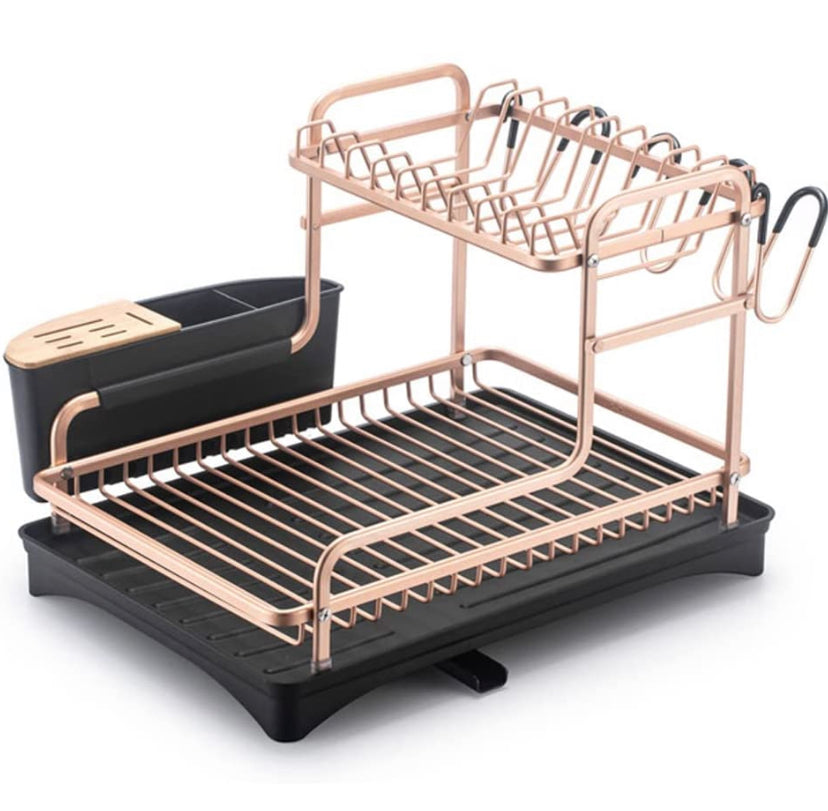 Aluminum Dish Drying Rack 2 Tire,Never Rust Dish Drainer with Removable Cutlery Holder & Cup Holder