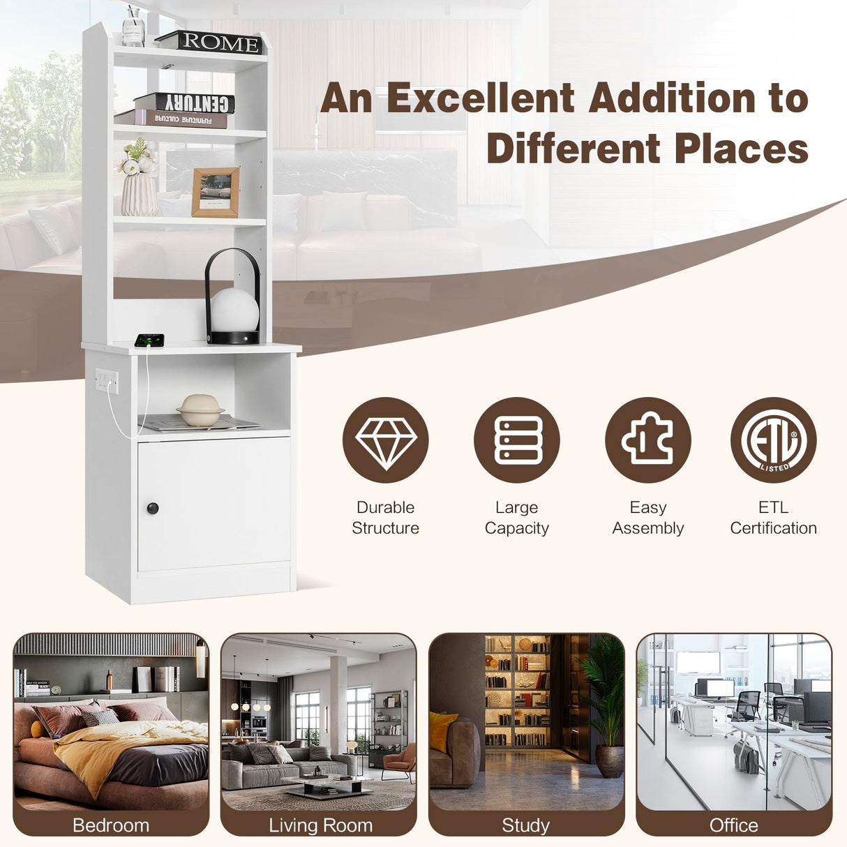 Nightstand Bedside End Side Table Bookshelf w/ Charging Station