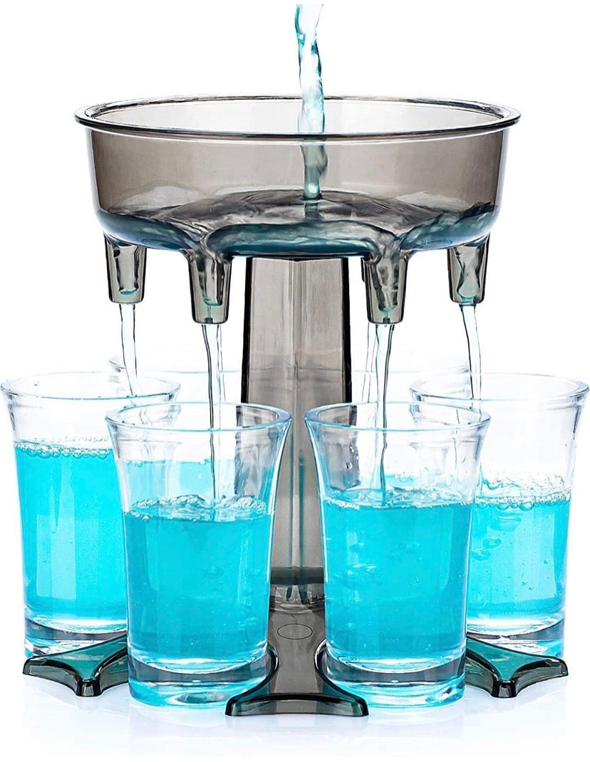 Shot Glass Dispenser Holder Carrier - The Shot Buddy with 6 Shot Glasses - Alcohol Liquor Beverage Cocktail Dispenser Set- 3 in 1 - Party Bar Accessories for Drinks (with 6 Transparent Cups)