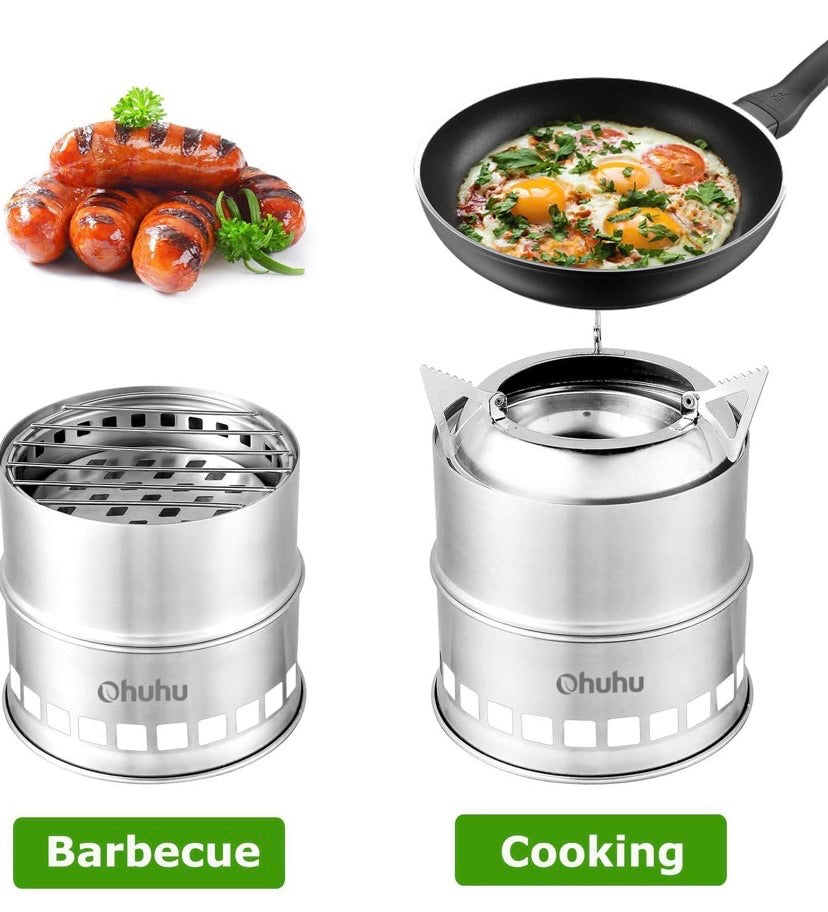 Camping Stove Backpacking Burner Stove - Potable Stainless Steel Wood Burning Stove Picnic BBQ Camping Cooker with Grill Grid