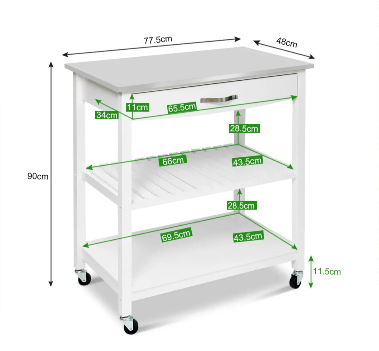 Kitchen Trolley Cart Island Stainless Steel Countertop Locking Wheels White