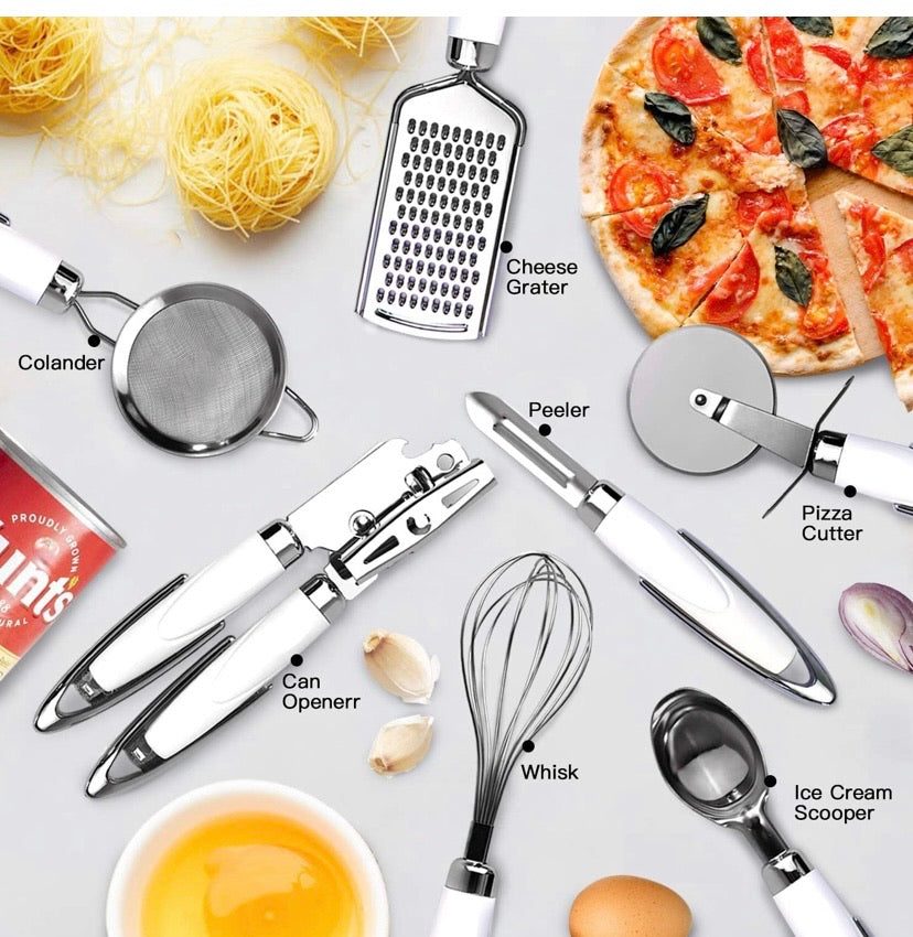 Kitchen Utensil Set - Cooking Stainless Steel Utensil Set - Kitchen Gadgets Cookware Set - Kitchen Tools Set with Soft Touch White Handles