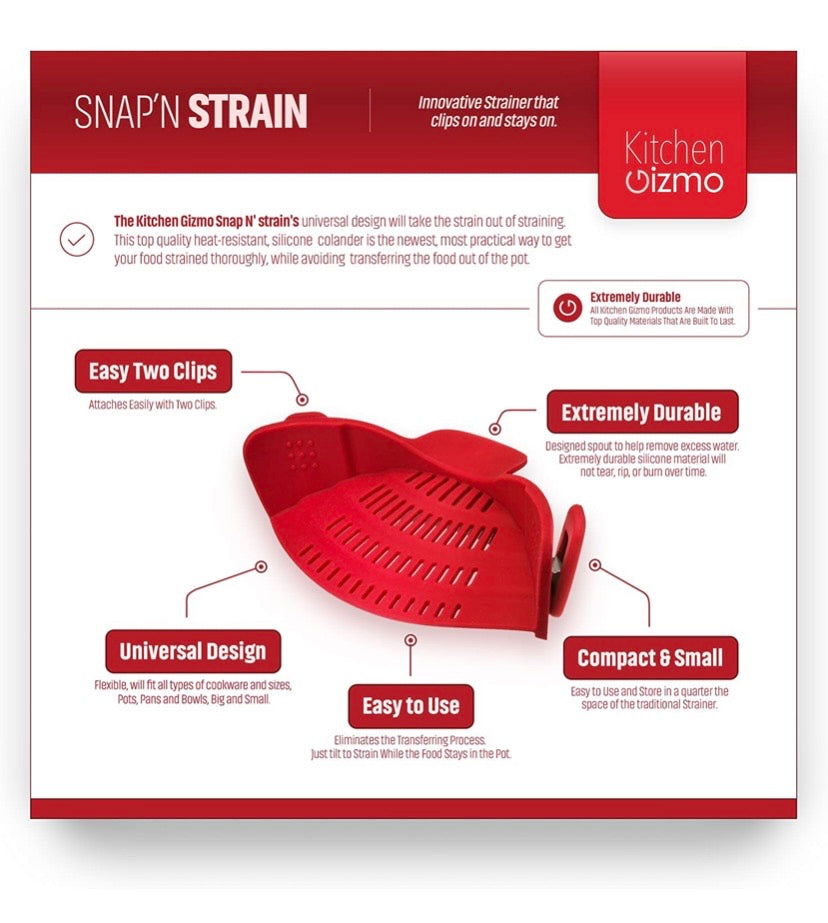 Kitchen Gizmo Snap N Strain Strainer, Clip On Silicone Colander, Fits all Pots and Bowls - Red