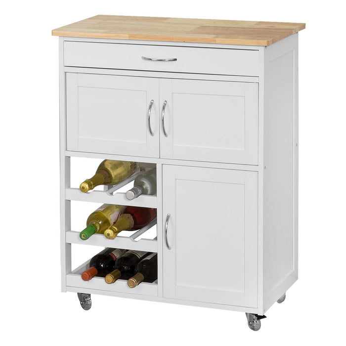 Kitchen Trolley with 2 Cupboards & 3-Bottle Wine Rack