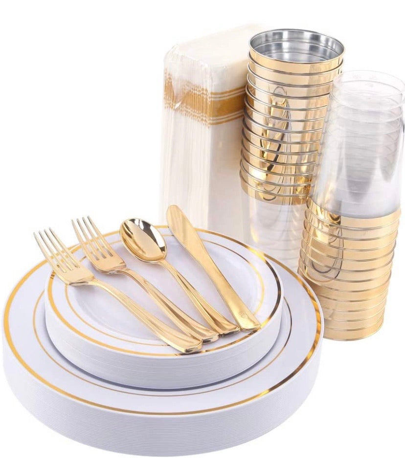 200 Pieces Disposable Dinnerware Set Include Gold Plastic Plates, Gold Plastic Silverware, Gold Plastic Cups, Linen Like Paper Napkins, Service for 25 Guests, Enjoylife (Gold)
