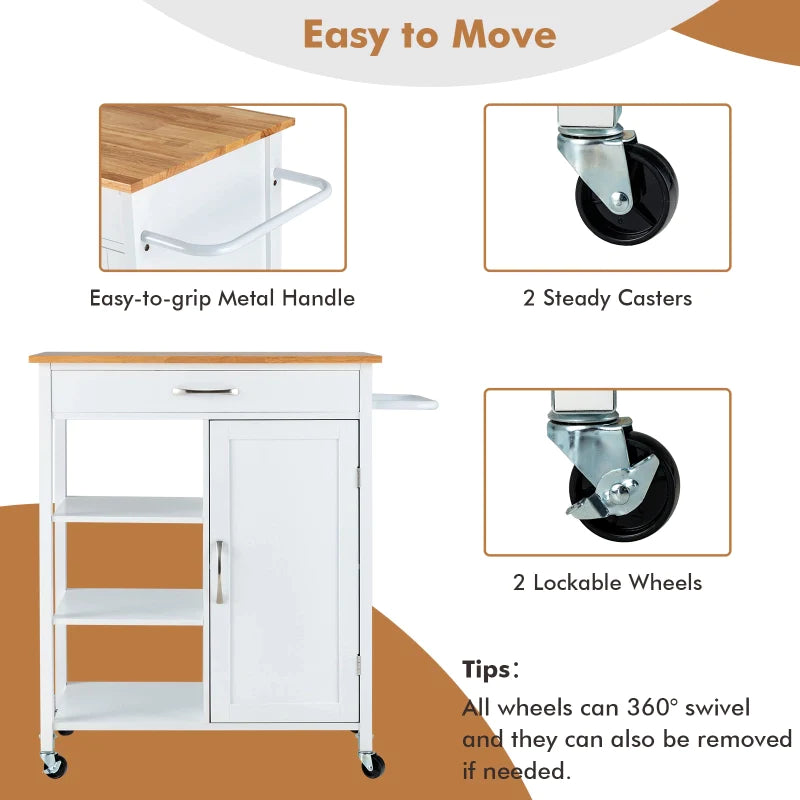 Kitchen Island Trolley Mobile Kitchen Storage Cabinet w/Rubber Wood Top & 3-Tier Open Shelf Serving Cart, White