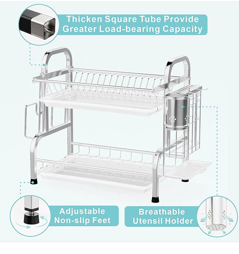Dish Drying Rack, Haundry Stainless Steel 2-Tier Dish Rack with Utensil Holder, Cutting Board Holder and Dish Drainer for Kitchen Counter, Silver/ black