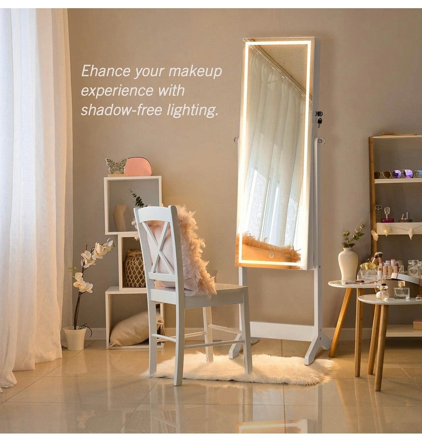 LED Light Jewellery Cabinet Standing full Screen Mirror Makeup Lockable Armoire, Large Cosmetic Storage Organizer w/Brush Holder white