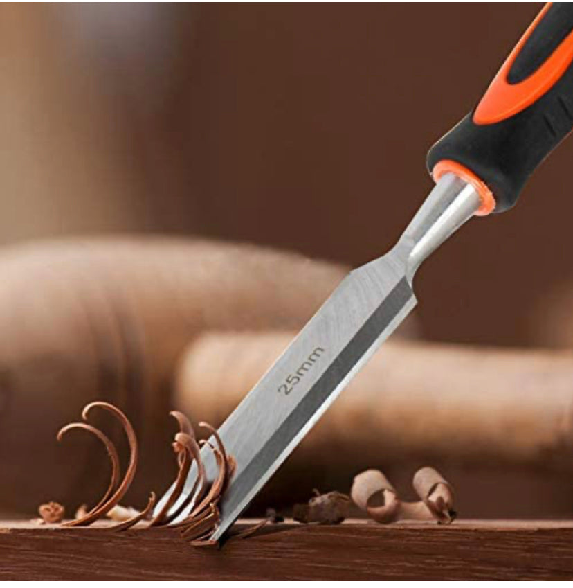 11 Pcs Wood Chisel Set with Case, Premium Wood Carving Tools for Woodworking with 6 Wood Chisels in Heated Tread Cr-V Alloy, 1 Honing Guide, 1 Sharpening Stone, 1 Rule & 2 Carpenter Pencils