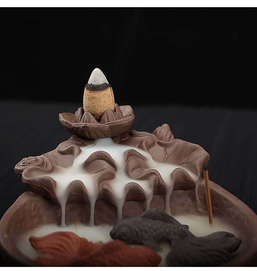 Two Fishes Ceramic Purple Clay Smoke Backflow Incense Cone Sticks Burner Holder