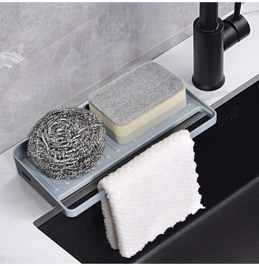 Kitchen Sink Tray Sponge Holder Organizer Draining Mat for Soap Dispenser Detergent Dishcloth Scrubbers Dishwashing Accessories Non-Slip Suction Holder Grey