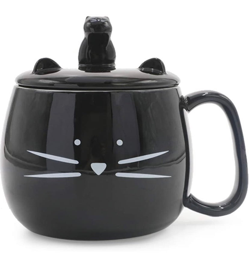 Cute Cat Coffee Mug with Cell Phone Holder Lid for Cat Lover Unique Ceramic Black Mugs Tea Cup Women