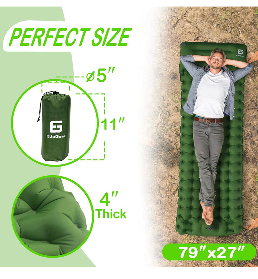 Camping Self-Inflating Air Sleeping Pad Mat Foot Pump with Pillow, Great Compact Air Sleeping Pad for Tent Travel, Backpacking, Hiking, Sleeping Over (Green)